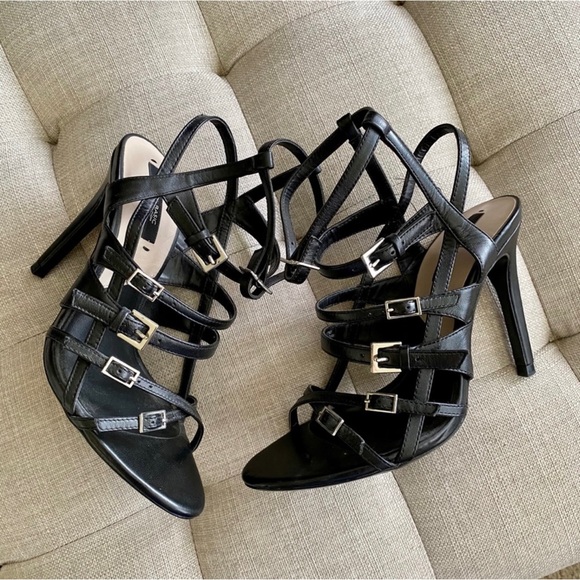 Zara Black Leather Strappy High Heel Sandals sz 8 - Picture 6 of 16